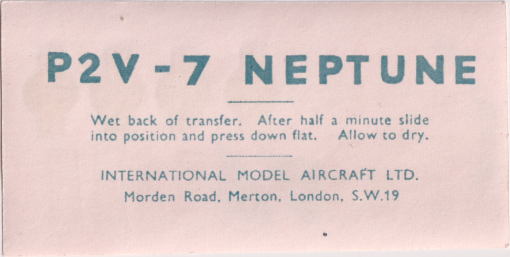 FROG 386P Lockheed P2V-7 Neptune IMA Ltd 1958, 1964, decal backing
